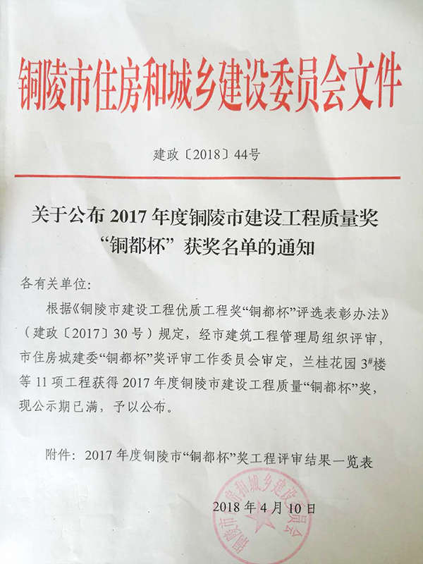 我公司铜陵市老年学习活动中心工程荣获“铜都杯”